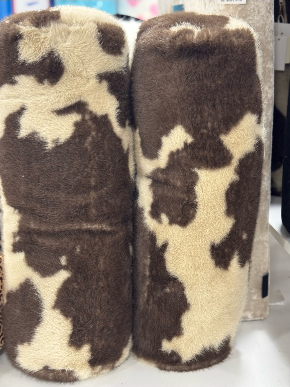 Magaschoni Brown and Cream Faux Fur Bolster Pillows